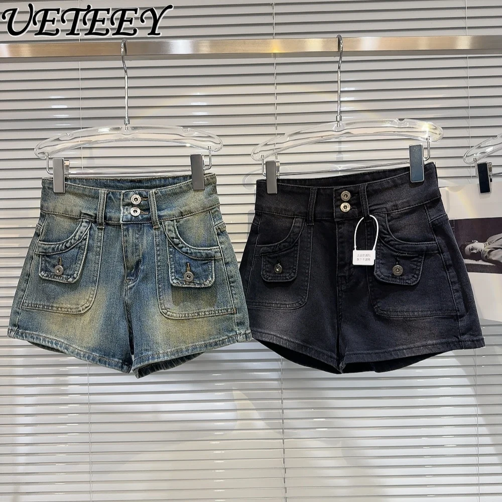 

2024 Spring Summer New Retro Workwear Pocket Design Washed Worn Denim Shorts Fashion Simple High Waist Jeans Shorts Hot Pants