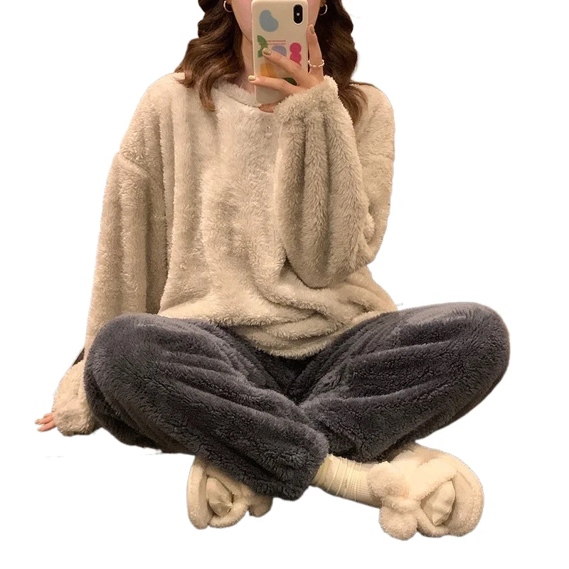 

Winter 2 Piece Sets Thermal Fleece Solid Women's Pajama Sets Warm Plush Pjs Loung Sleepwear Pijama Mujer Night Suits Homewear