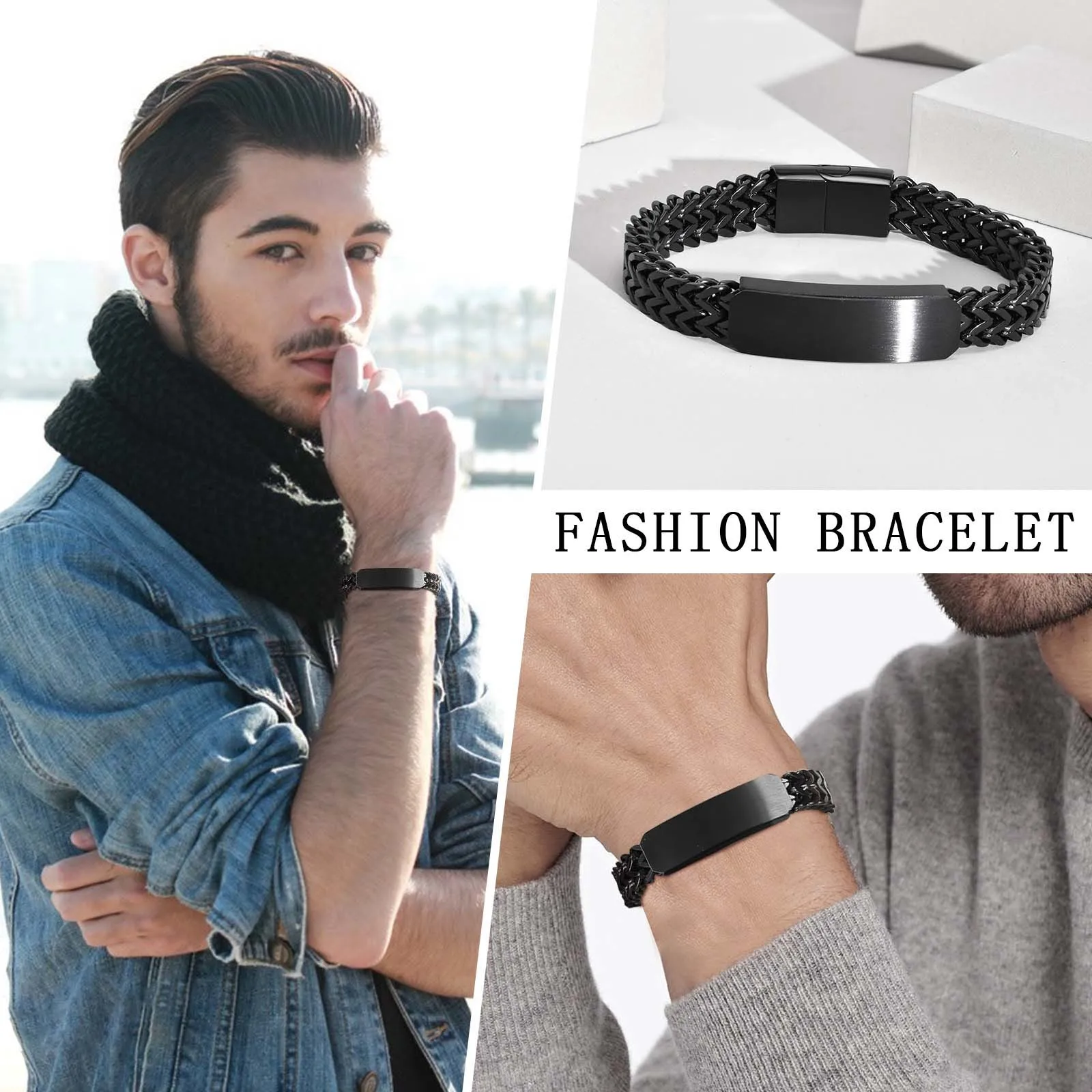 Vnox Stylish Mens Free Custom Engrave ID Bracelet,Stainless Steel Double Franco Link Chains Bracelets Armband Male Jewelry