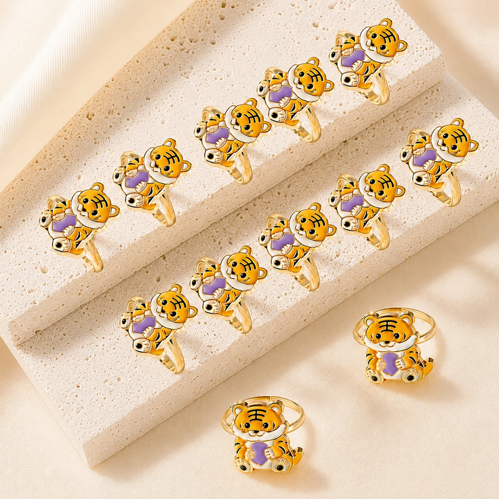 12Pcs Cute Cartoon Little Tiger Open Rings, Oil-Drip Zodiac Cute Design Adjustable Rings, Everyday Versatile Decorative Jewelry for Girls, Party Accessories for Girls, Student Sharing Playful Little Jewelry