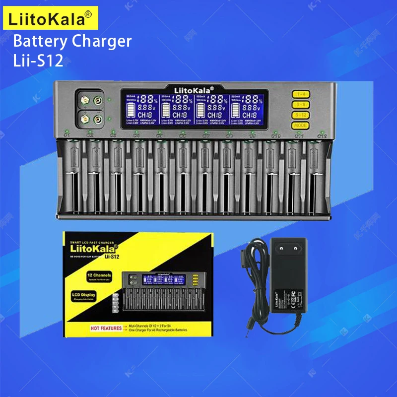 

LiitoKala Lii-S12 12-Slot LCD Battery Charger for Li-ion LiFePO4 Ni-MH Ni-Cd 9V 21700 20700 26650 18650 16340 18350 RCR123 18700