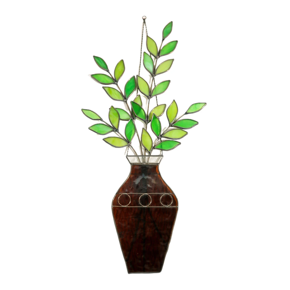 

Stained Glass Leafy Branch Vase Suncatcher with Green Foliage