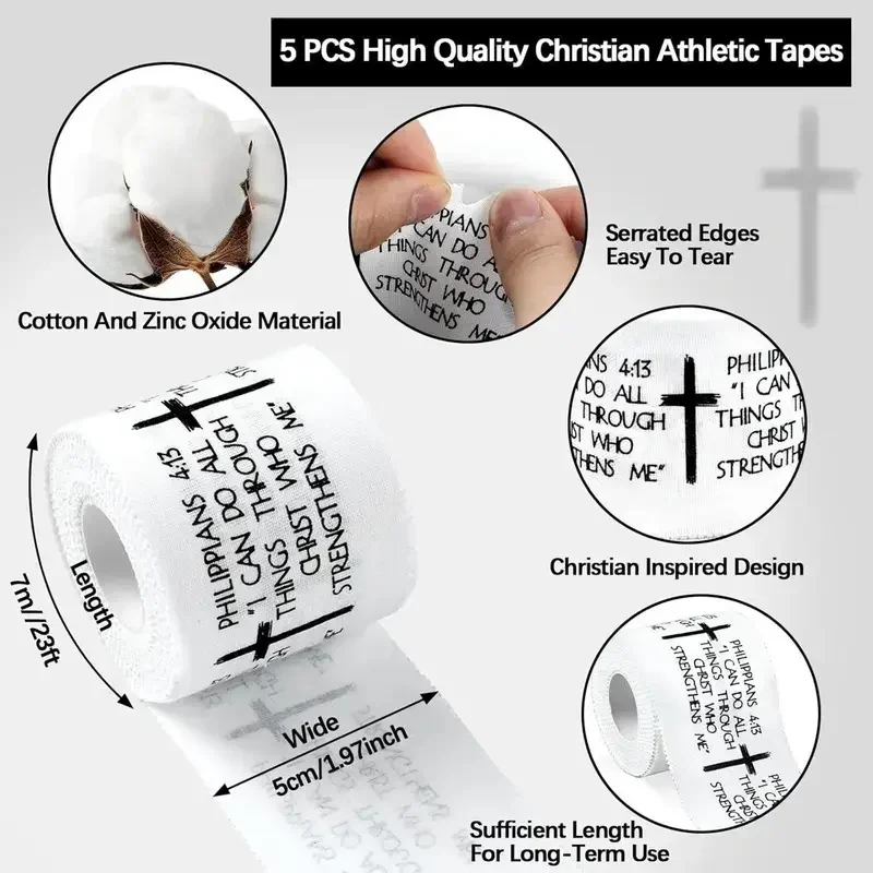 2 Pcs Set Christian Athletic Tape 2IN X 23FT Cotton Zinc Oxide White Athletic Tape, Cross Athletic Wristband for Tennis, Religious Bible Verse Athletic Tape, Christian Gift for Men and Women