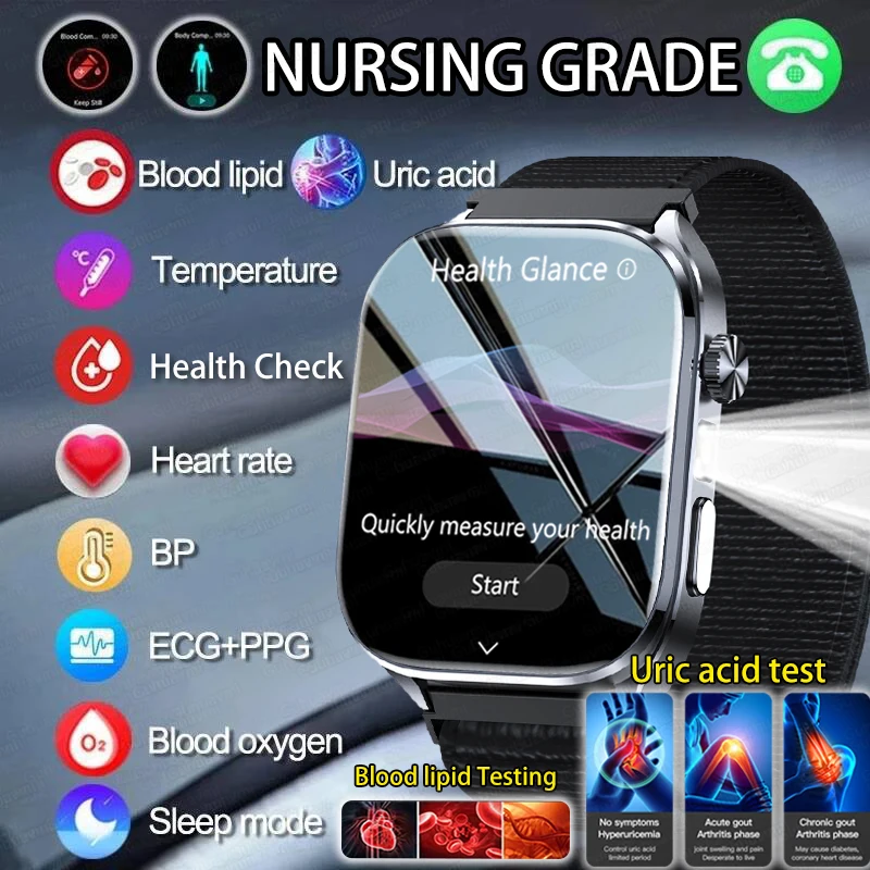 

New AI ECG Smartwatch Precise Uric Acid Blood Lipids Pressure Body Analysis Smart Watch Men BT Call LED Flashlight GPT Bracelet