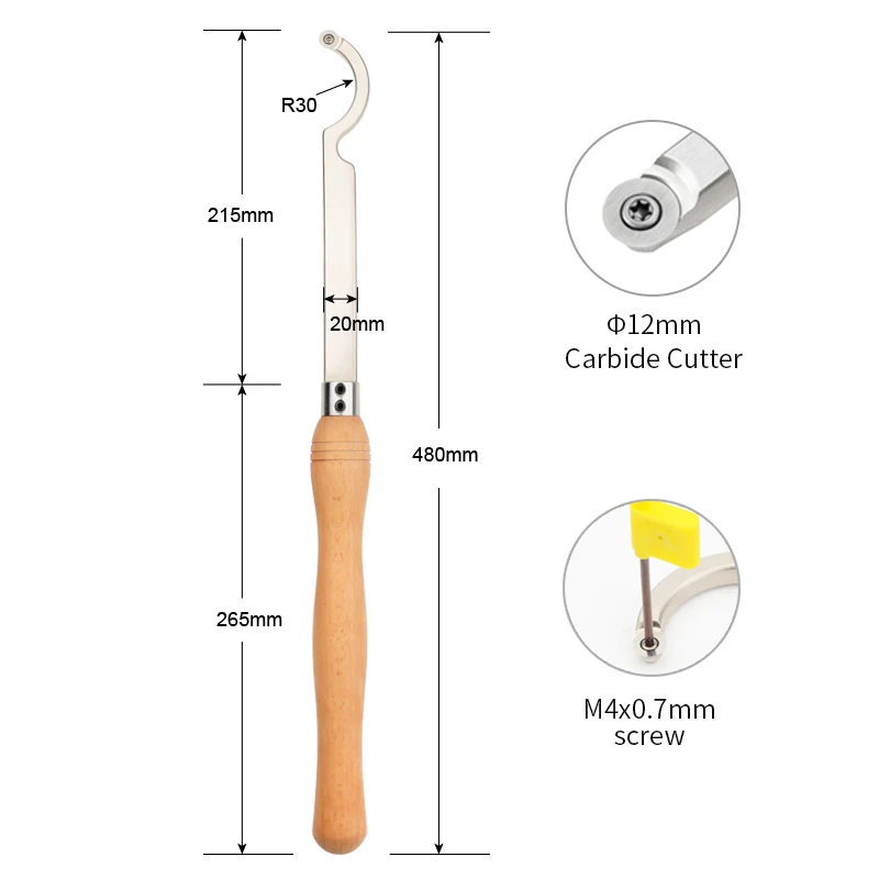 Hollower Swan Neck Wood turning Tools 12x2.5mm Round Carbide Insert Cutter and Wooden Handle for wood lathe working tools