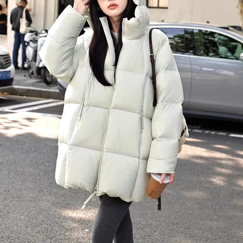 Winter White Duck Down Puffer Jacket Warm Women's Quilted Hooded Down Jacket Loose Fit Sweet High-end Outerwear Design Clothing