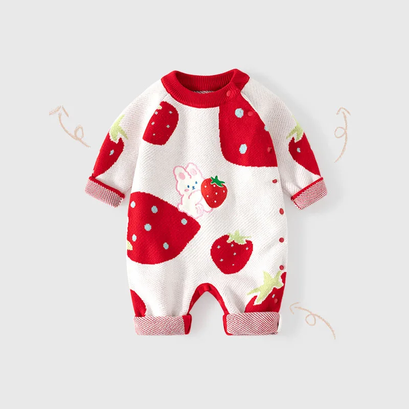 UNITIM Autumn Newborn Girl Bodysuit Side Buckle Thickened Infant Girls Romper Cartoon Rabbit Strawberry Baby Girl Jumpsuit