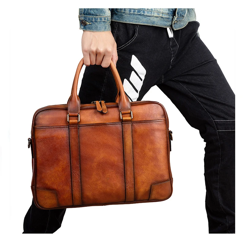 Double Zipper Genuine Leather Men Handbag Large Capacity Briefcase Men Laptop Bag Handmade Men Bag Tote Shoulder Crossbody Bag