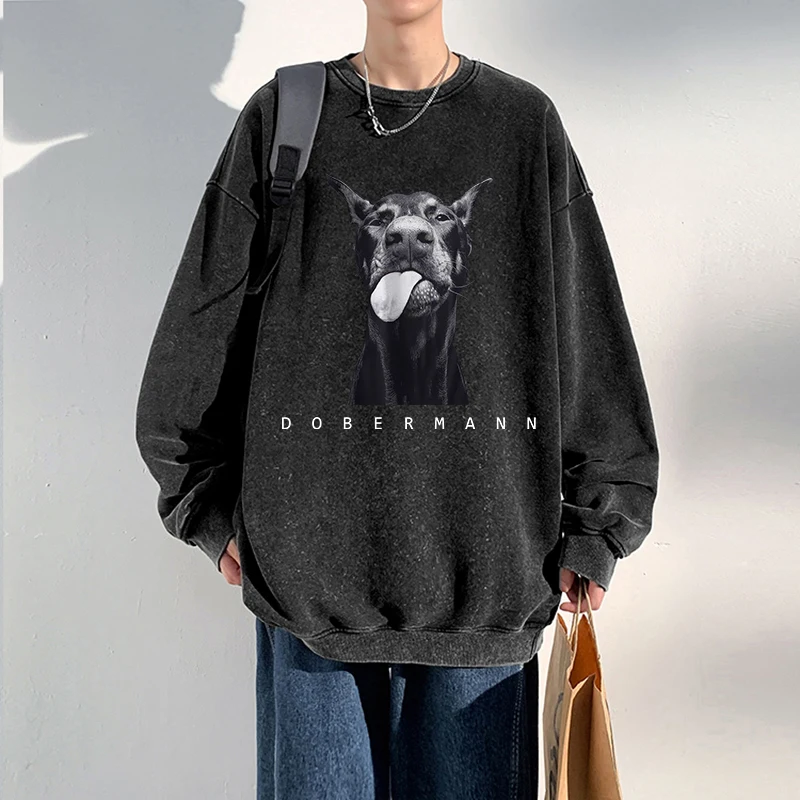 

Oversized Men Washed Sweatshirt Fashion Creativity Doberman Prints Hoodies Autumn Warm Cotton Pullover Vintage Couple Clothing