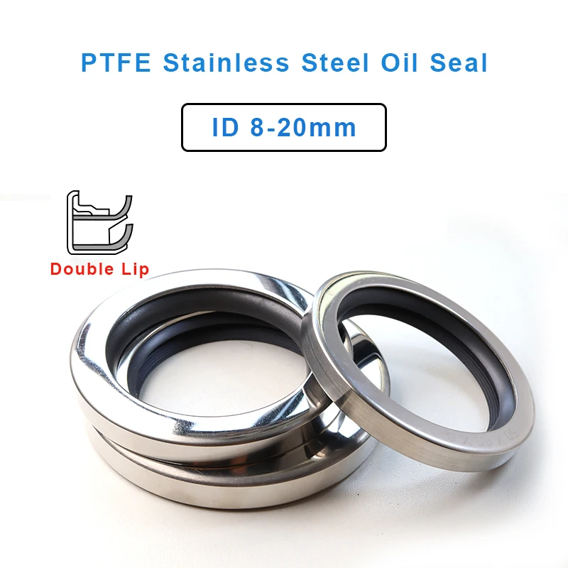 1Pcs PTFE Stainless Steel Oil Seal Double Lip High Temperature Resistant Shaft Seal For Air Compressor Inner Diameter 8-20mm