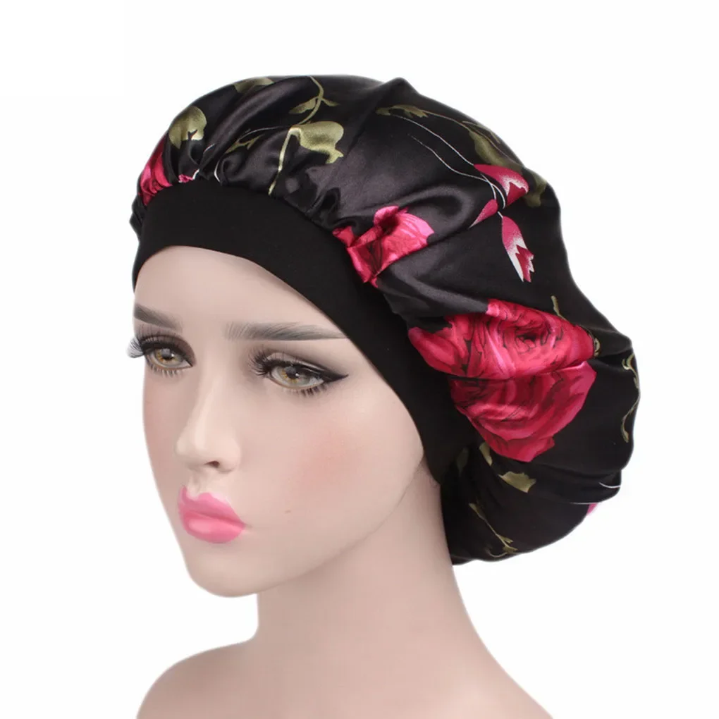 Unisex Adults Satin Nightcap Wide-brimmed Floral Men Women Sleeping Cap for Spring Autumn Winter