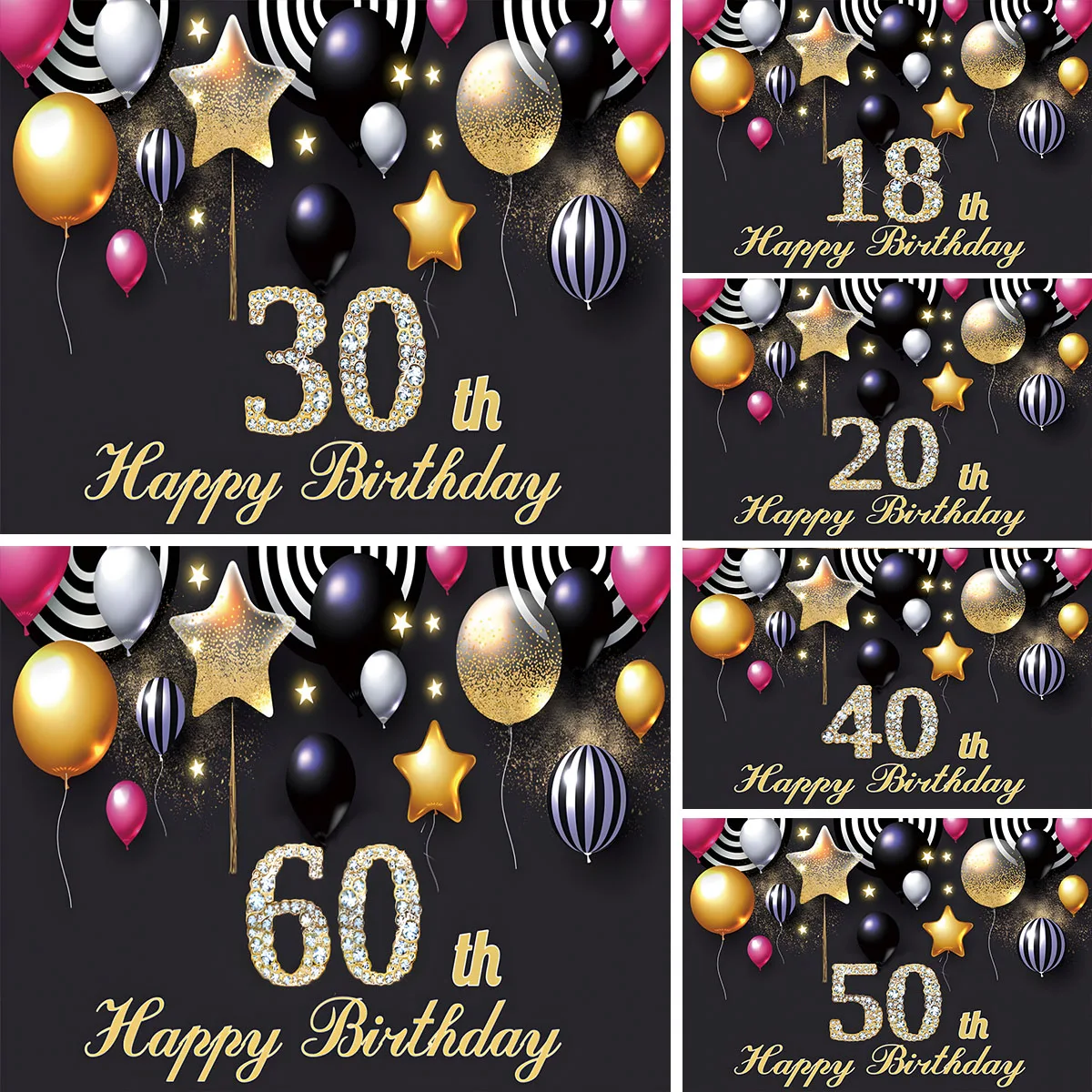 Fondo de fotografía para hombre y mujer, telón de fondo con globos dorados y negros con purpurina, para fiesta de cumpleaños, feliz 18 °, 30 °, 40 °, 50 °, 60 °