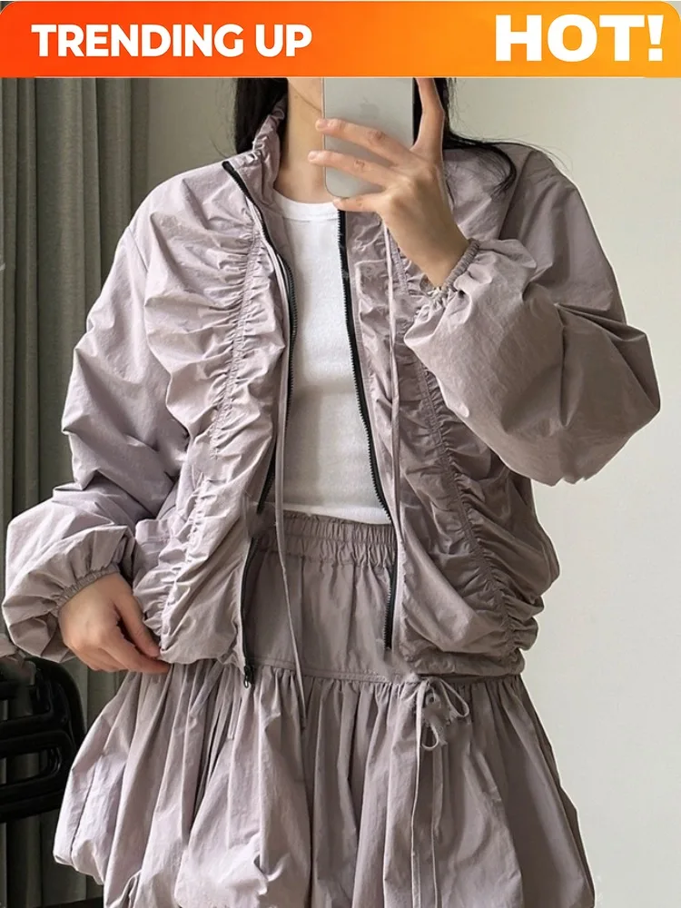 Customization 2026 Spring Age Reducing Stand Up Collar Pleated Jacket Women Thin Lightweight Breathable Outwear Black/Gray Purpl