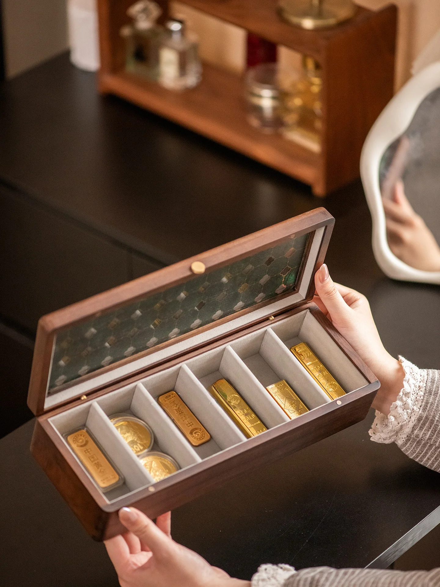 High-End Jewelry Storage Box Large Capacity Gold Bar Storage Wood Box for 20 Grams Jewelry Accessories Organizer Desktop Use