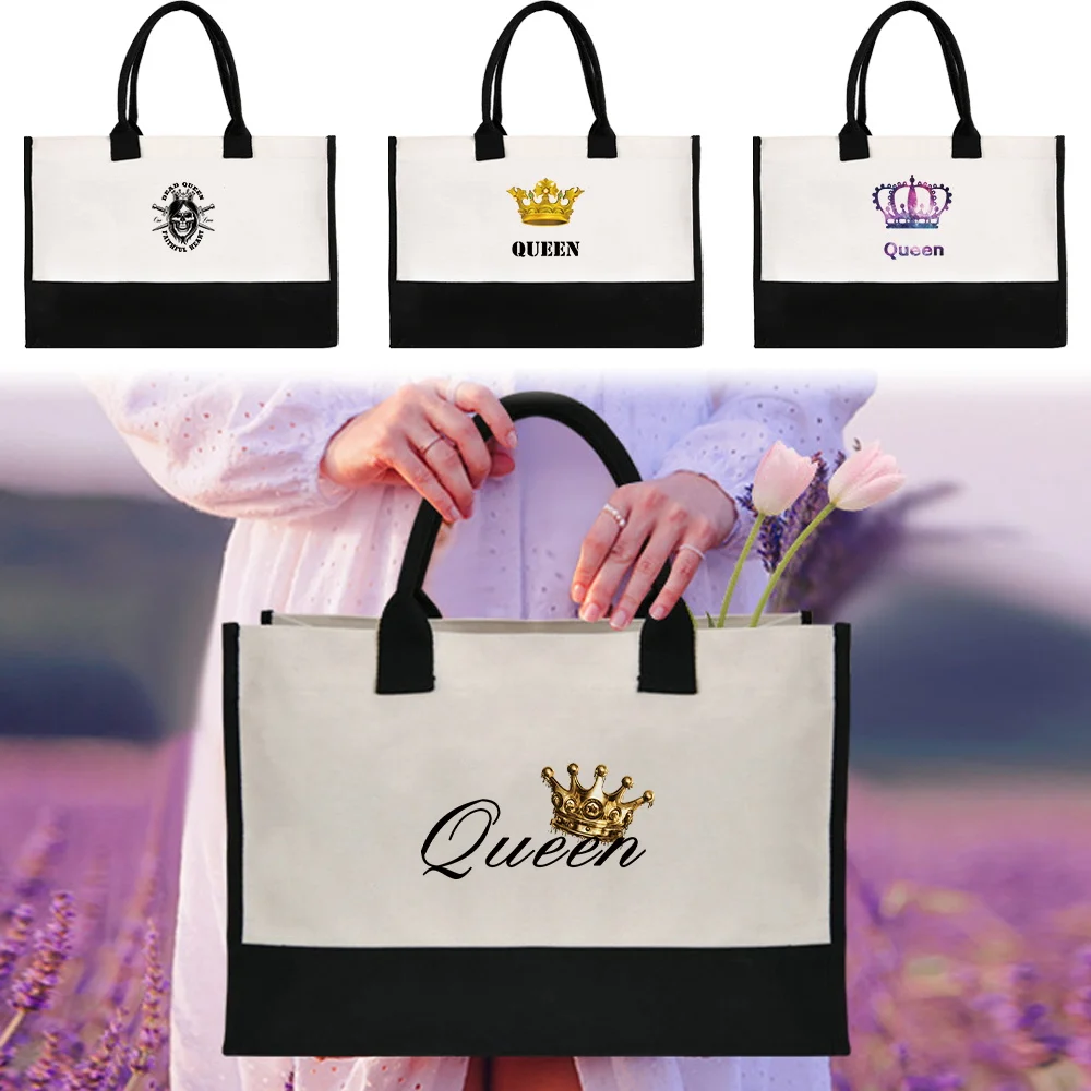 Womens Elegant Spliced Two Tone Canvas Tote With Queen Print Large Practical Shoulder Handbag for Office Errands Shopping