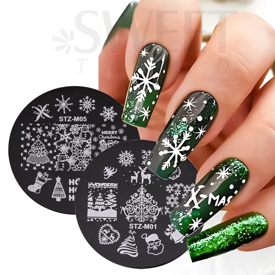 10pcs Winter Nail Stamping Set Merry Christmas Cute Tree Snowflake Elk Santa Sock Manicure Template Nail Art Decorations KESTZ-M