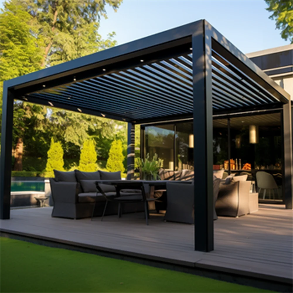 Bioclimatic Aluminum  Pergola  waterproof  louver roof can be flipped manually for outdoor patio With sliding aluminum shutter