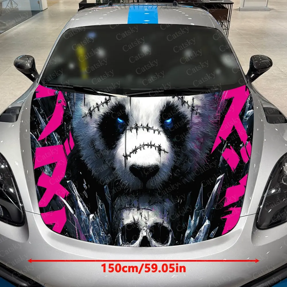Blue Pupil Stitched Face Demon Panda Car Vinyl Wrap, PVC Waterproof Car Hood Sticker, Self-Adhesive Scratch-Resistant Stickers