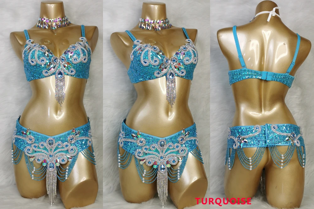 bikini Wear Bar+Belt 2pc Set Ladies Bellydancing Costumes Carnival women gogo costumes Samba show Crystal Belly Dance Costume