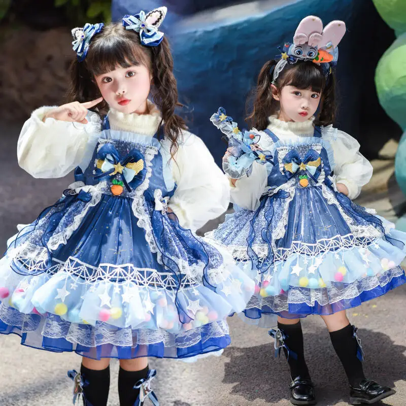 

Платье в стиле Лолита для девочек, весна-лето, с принтом из мультфильма «Зоотопия», с пышной юбкой, бантом и кружевом, милый и нежный, подарок на праздник