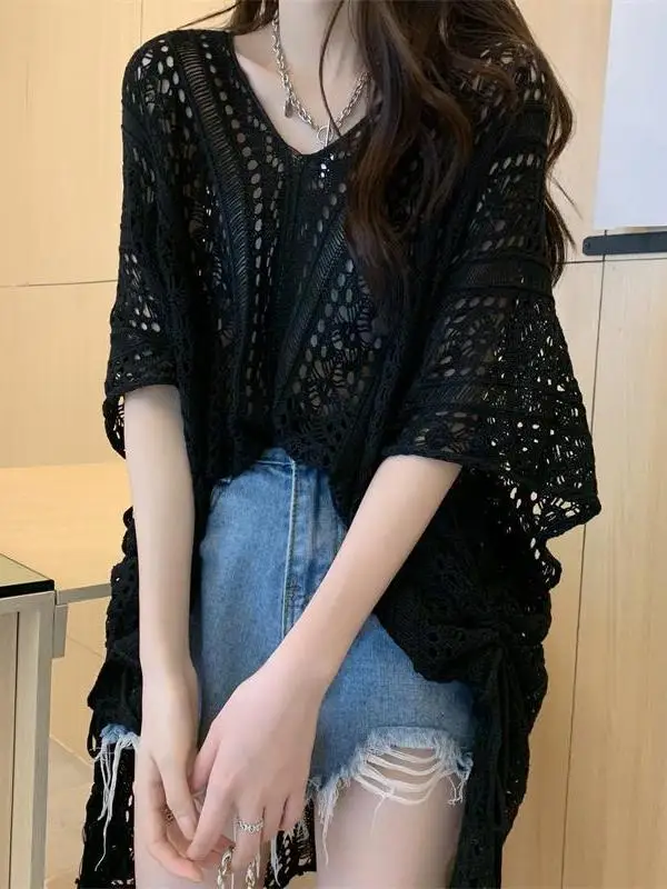 

Summer New V-Neck Loose Knitted Sweater Short Sleeve Hollow out Top Korean Style Women's Casual Fashion Commute Style