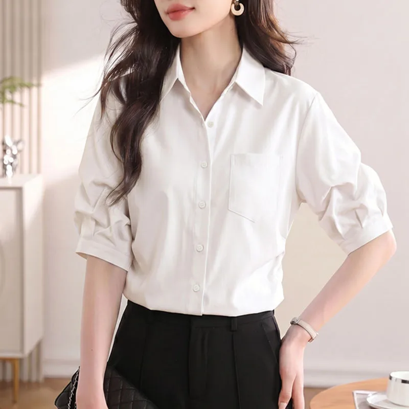 

Women Shirt Blouse Summer New Turn Down Collar White Shirt Blouse Women Tops Office Lady Blouses Shirts Blusas Para Mujer Q4711