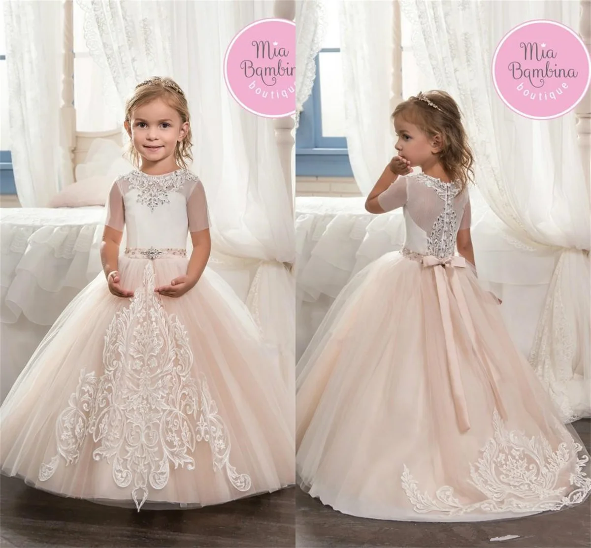 Vestidos largos de flores con cuentas para niña, apliques de tul, vestido de fiesta de cumpleaños de boda para niño, vestidos de baile de desfile de media manga