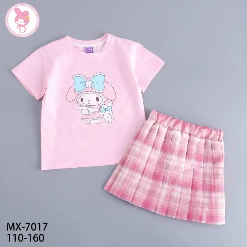 Anime Sanrios My Melody Summer Children Skirt Kuromi Cinnamoroll Girls Short Sleeve Pleated Skirt Two Piece Fashion Jk Uniform