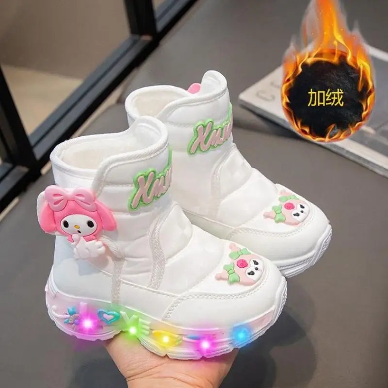 Kuromi Girl Cotton Boots Light Shoes Winter Velvet Thicken Sanrios Keep Warm Kawaii Cartoon Child Shoe with Light Short Boots