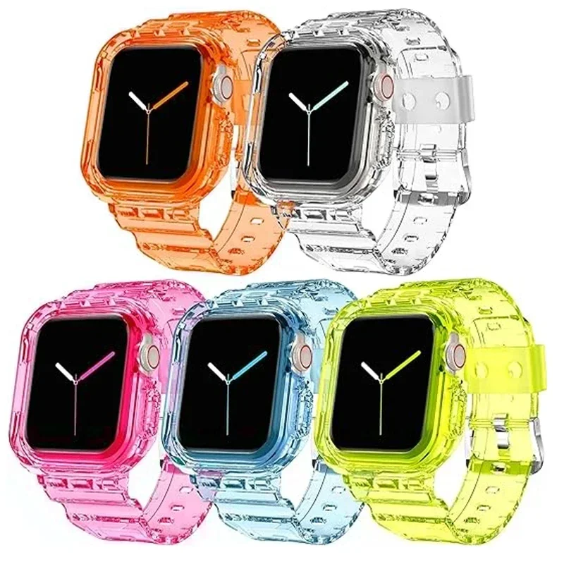 Clear Band + Case for Apple Watch Series 9 8 7 6 SE 5 49mm 45mm 44mm 42mm 41mm Transparent for iwatch 3 38mm 40mm Plastic Strap