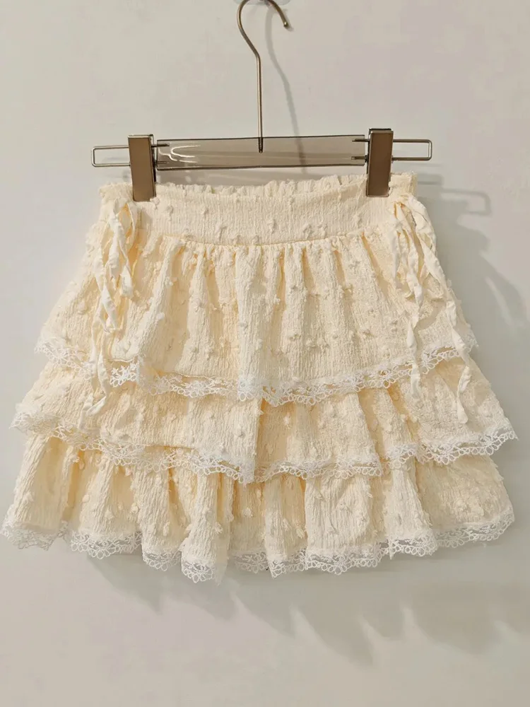 Women Sweet Cake Skirts Summer Lace Patchwork High Waist Cute Mini Skirt Preppy Style Casual Female Japan Kawaii Lace Up Skirt