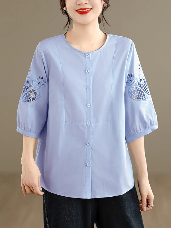 

Элегантная женская блузка из чистого хлопка с вышивкой и ажурными элементами, свободного кроя, с круглым вырезом и рукавом три четверти, в повседневном стиле, летний топ