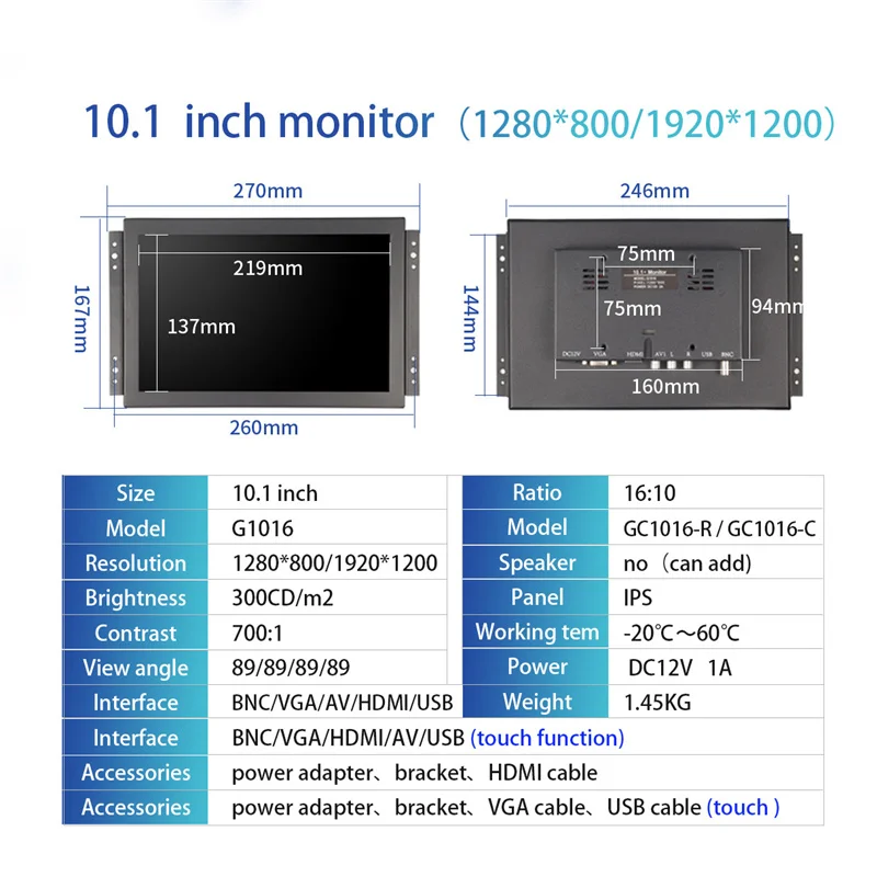 Monitor Touch Screen PCAP a telaio aperto industriale da 10.1 pollici 1280*800 ad alta luminosità 1000 Nits uso esterno con HDMI VGA USB