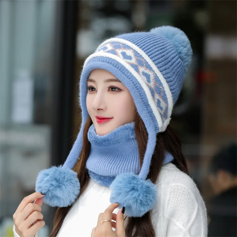 New Winter Plush Warm Wool Peruvian Hat Sweet Cycling Bib Suit Knitted Cap Double Pompon Hat Chunky Cable Knit Earflap Crochet