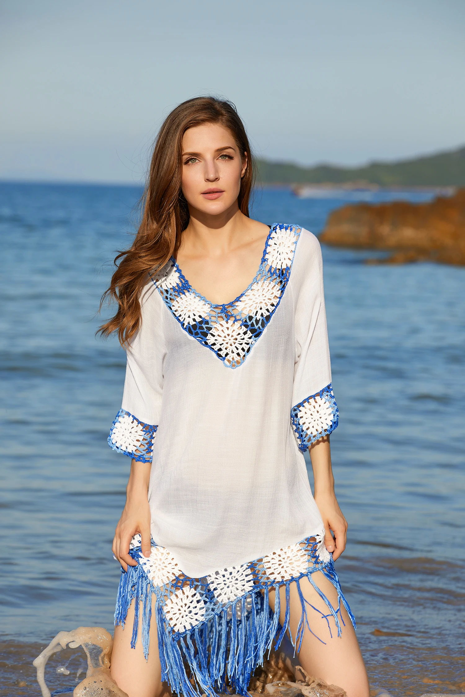 Blue Hand Crochet Fringed Summer Beach Cover-up Dress for Women Tassels Half Sleeve Bohemian Style Sundress Beachwear Tunic