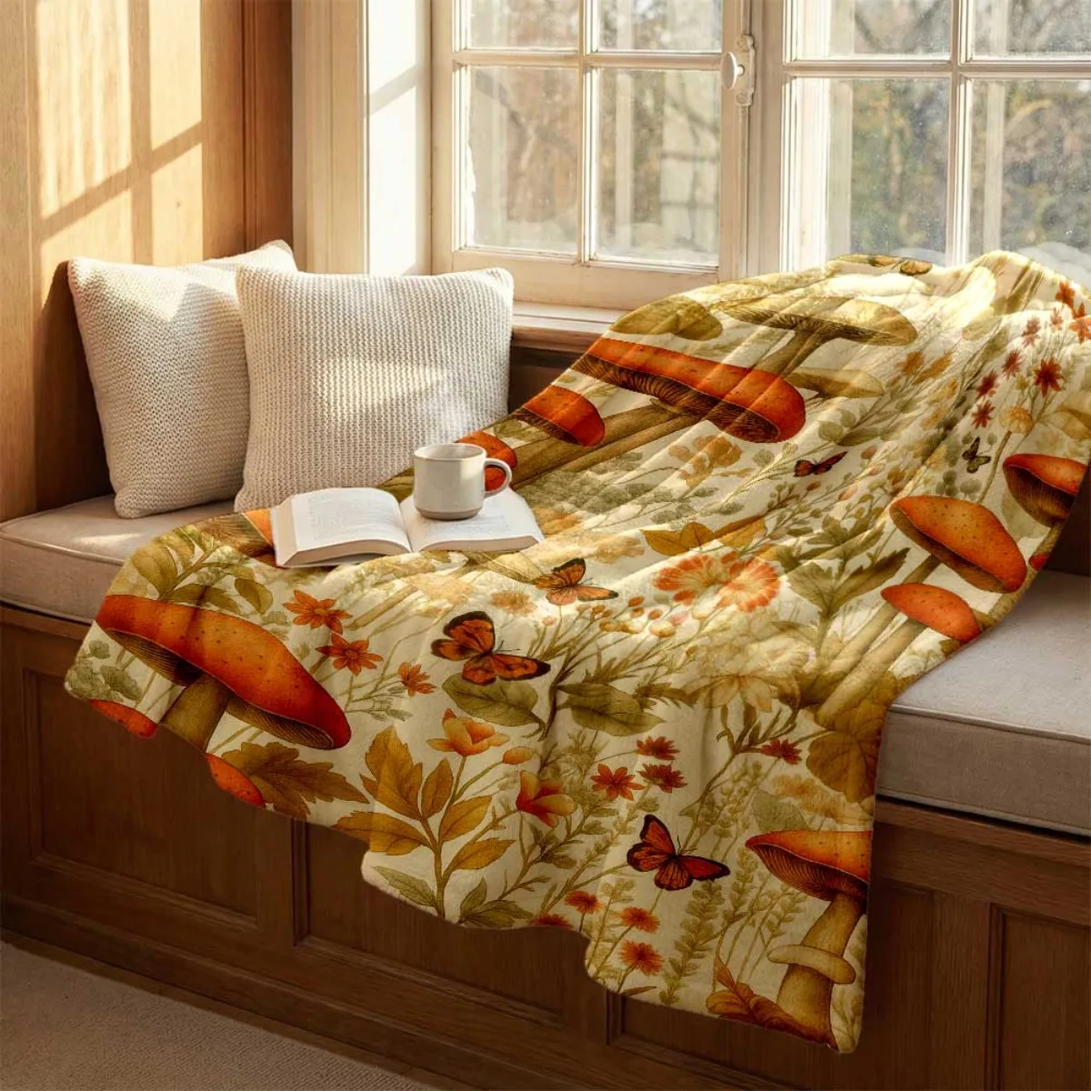 1pc Log Cabin Style Mushroom Forest Pattern Soft Flannel Blanket | All-Season Comfortable Polyester Bedding, 200-240Gsm, Mixed C