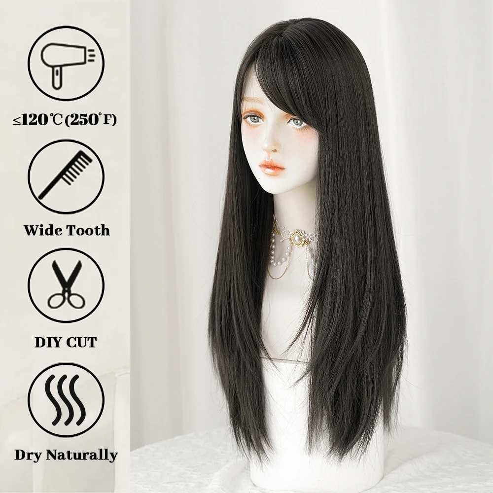 PARK YUN Long straight Dark brown Wig for Women Natural Mid Parting Sweet Synthetic Wigs Heat Resistant Daily Cosplay Lolita Wig