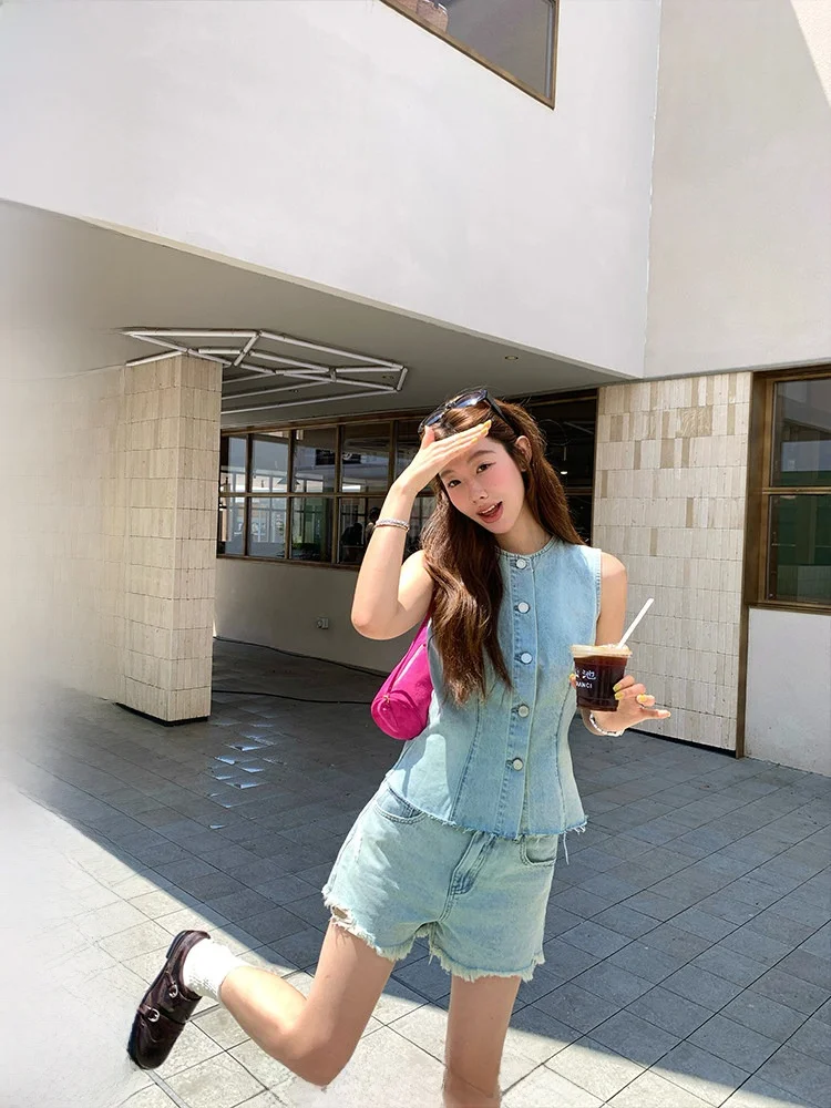 

Ranwear, летний повседневный джинсовый жилет и комплект трапециевидной формы, женский ансамбль Faion, магазин ручной работы, потертый край, смесь хлопка