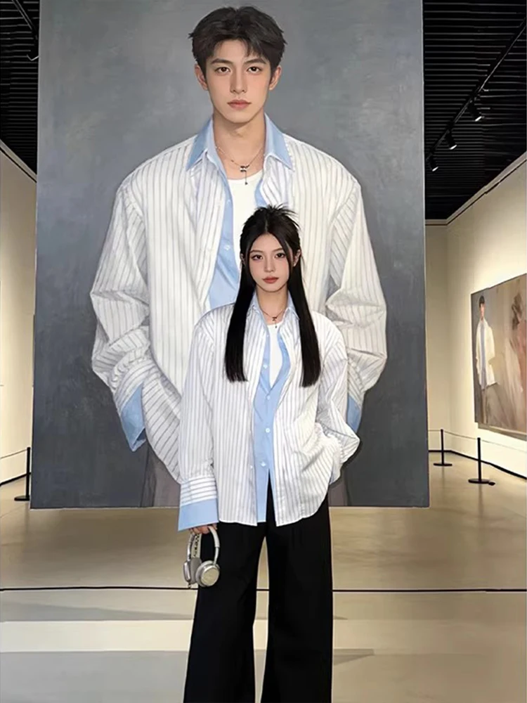 

Korean High-End Striped Long Sleeve Men's Shirt Spring Fashion Trend Patchwork Design Casual Style Regular Fit Button up