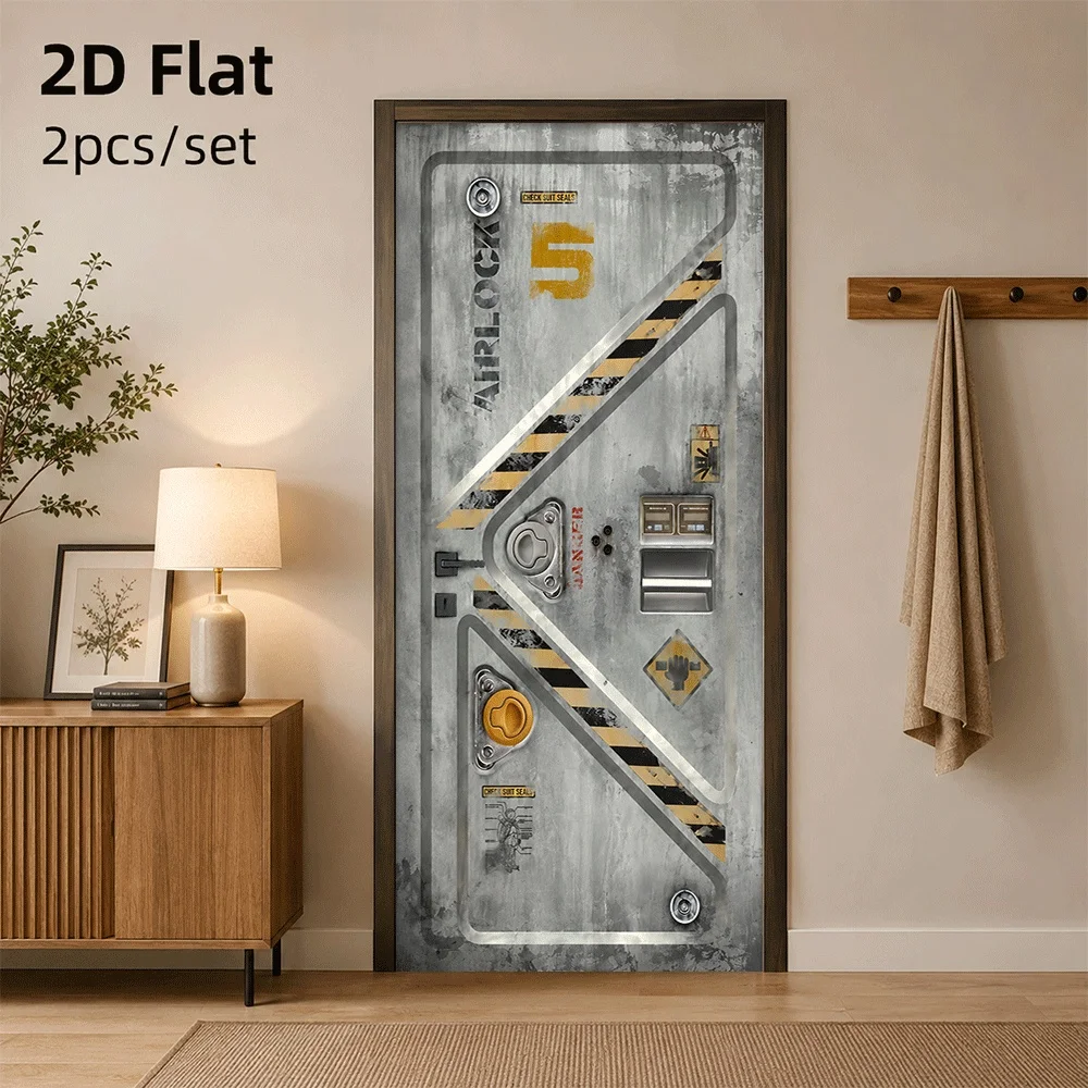 1 sci-fi space door sticker, simulated spacecraft door sticker, self-adhesive waterproof, removable 2D flat surface