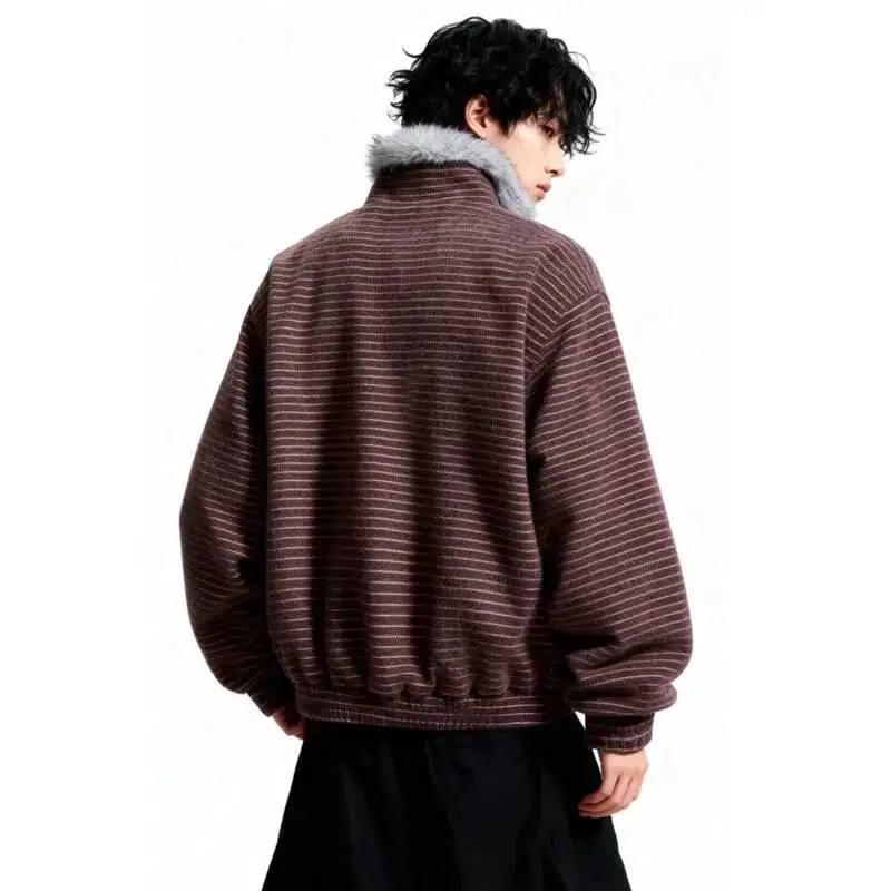 American Retro Fleece-lined Warm Striped Men's Cotton Jacket Stand Collar Long Sleeves Causal Coats Winter New VDR5