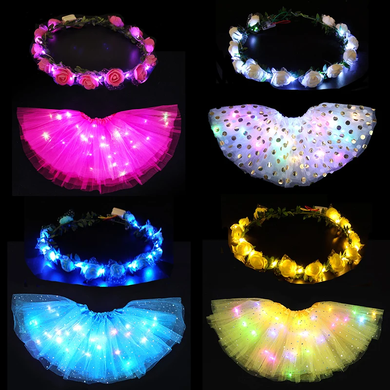 Women Girl LED Light Tutu Glow Skirt Flower Wreath Garland Headbands Gift Neon Party Clothing Birthday Wedding Princess Costume