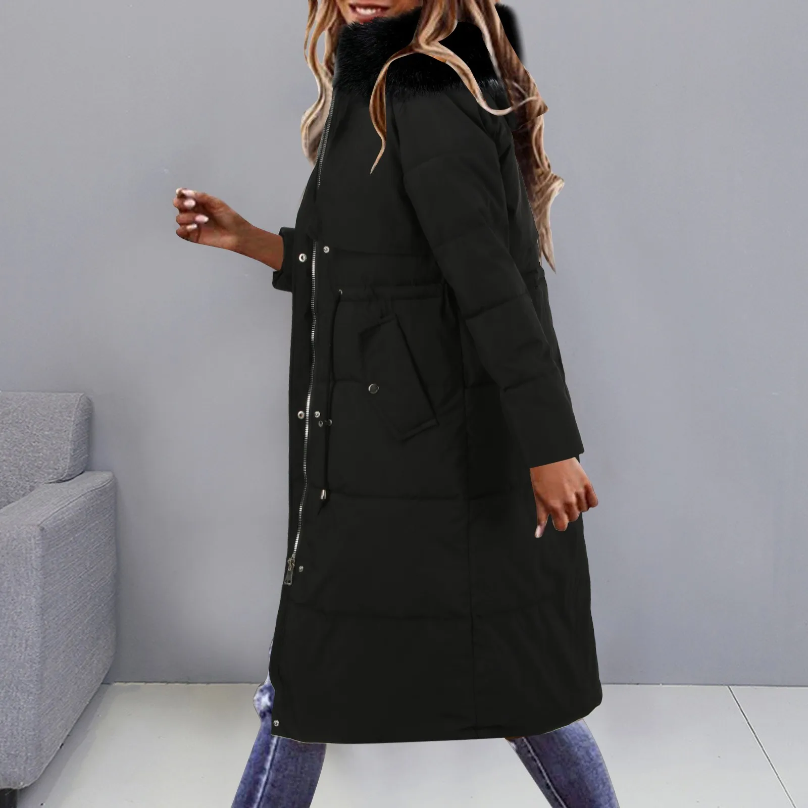 2024 Winter New Down Cotton Coat Women's Long Knee Fit Thickened Coat Fashion Large Coat Cotton Coat Jean Vest Outerwear