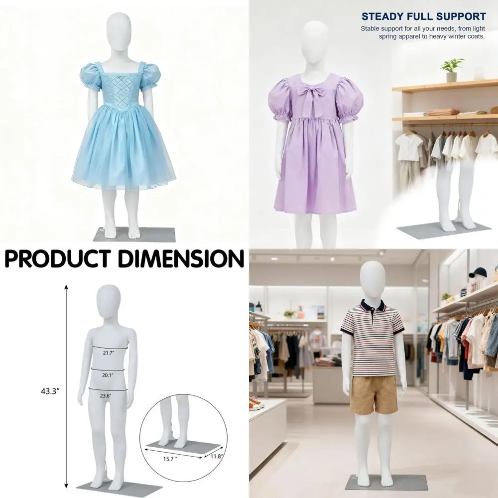 

43.3 Child Mannequin - Full Body, Faceless, Adjustable, Detachable, White Model Stand for Retail Displays