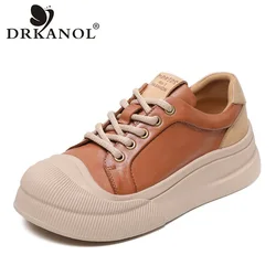 DRKANOL 2024 Women Chunky Platform Sneakers Round Toe Genuine Cow Leather Thick Bottom Casual Sneakers Mixed Colors Ladies Shoes