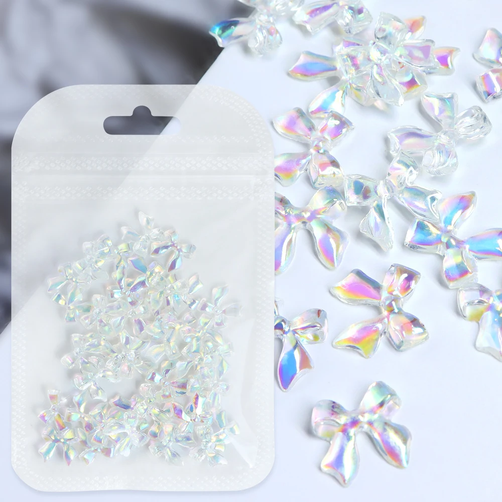 30pcs Summer Aurora Ribbon Charms Art Decor Accessories Crystal Clear Bow Design Manicure Parts Bowknot For DIY Crafts Making