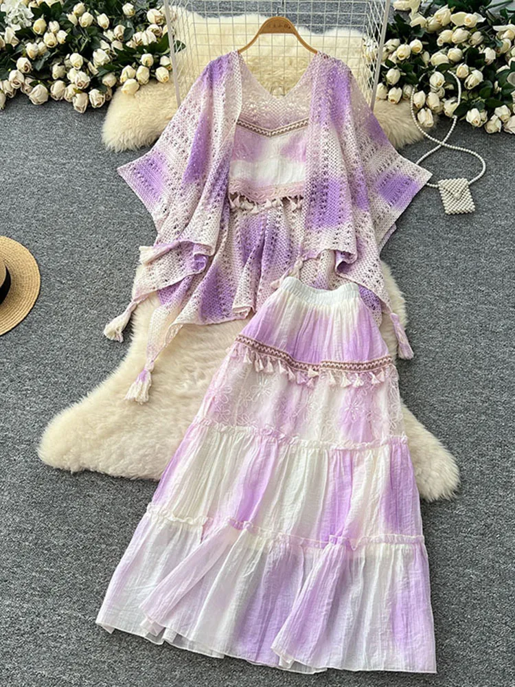 

Summer Beach Vacation Set for Women Fashionable Sweet Gradient Tassel Knit Jacket+camisole Vest+high Waisted Skirt 3-piece Set