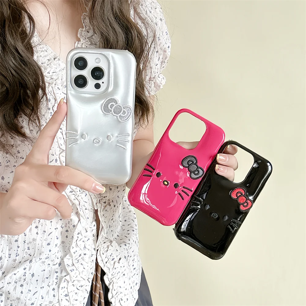 

Korean INS embroidered cute Hellokitty new cartoon phone case for iPhone 16 15 14 Pro Max cover luxury Anti-fall Shockproof Case