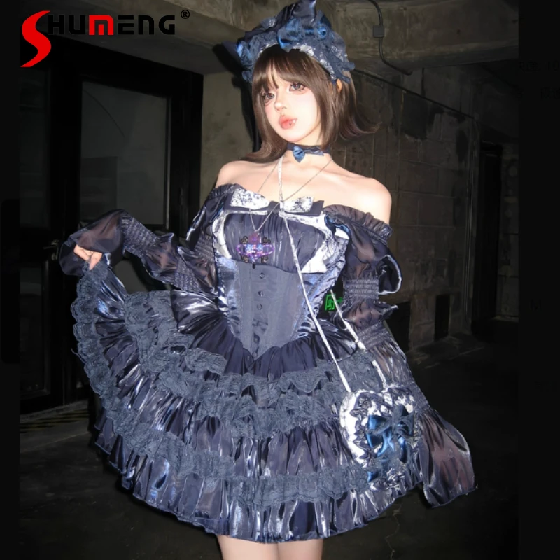 

Autumn 2025 French Style Birthday Party Navy Blue Dress Full Set Rojita High-waisted Slimming Dresses Y2k Kawaii Vestidos Ladies