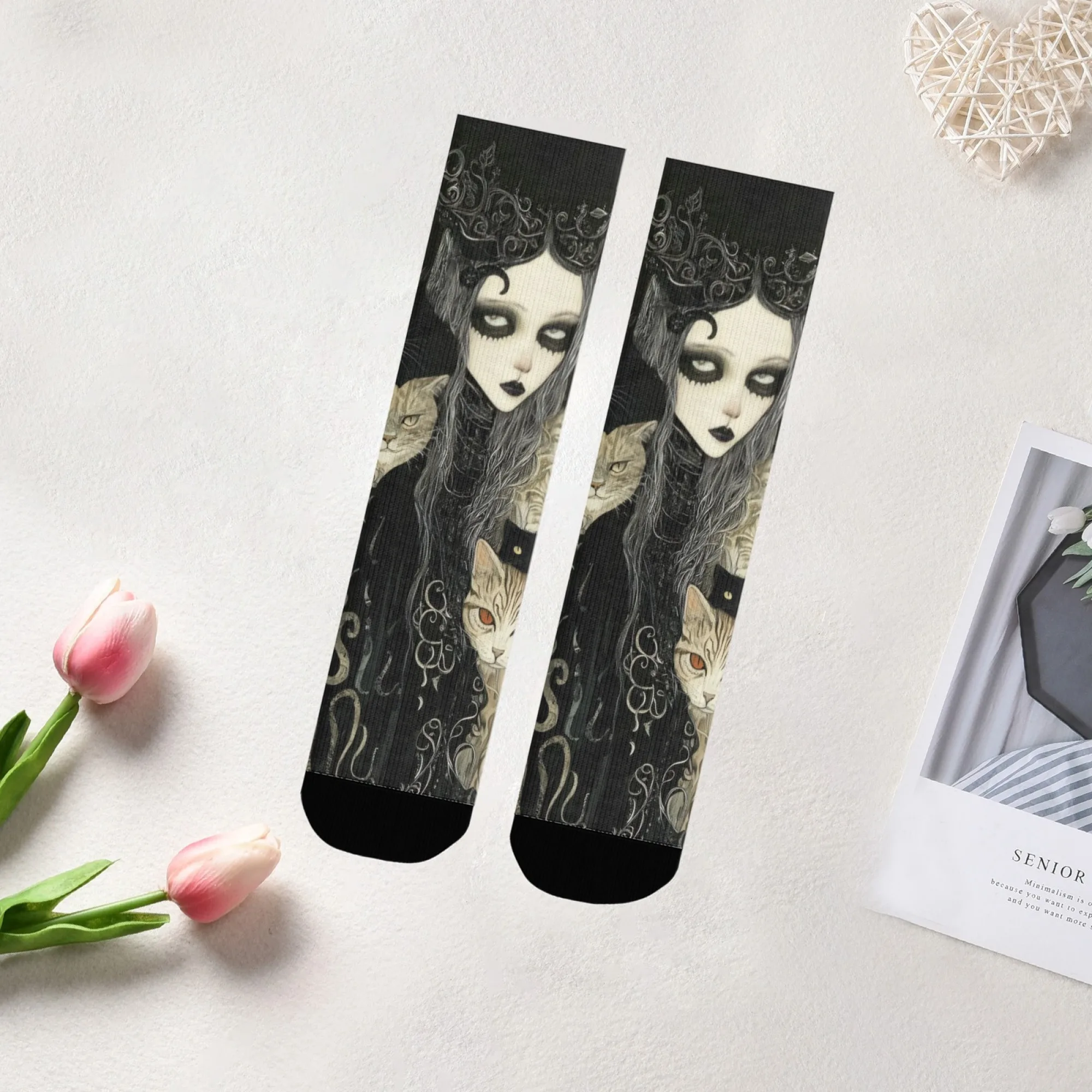 Gothic Artistic Woman & Cat Crew Socks Streetwear Unisex Socks  Breathable Soft Comfortable Perfect for Daily Crazy Gifts